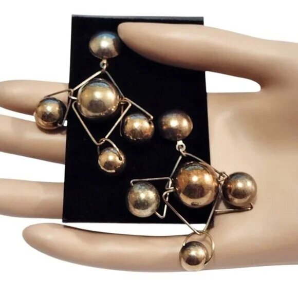 2 1/2" Metal Bead Hoop Pierced Post Earrings Vintage Aged Gold Tone - Picture 1 of 5